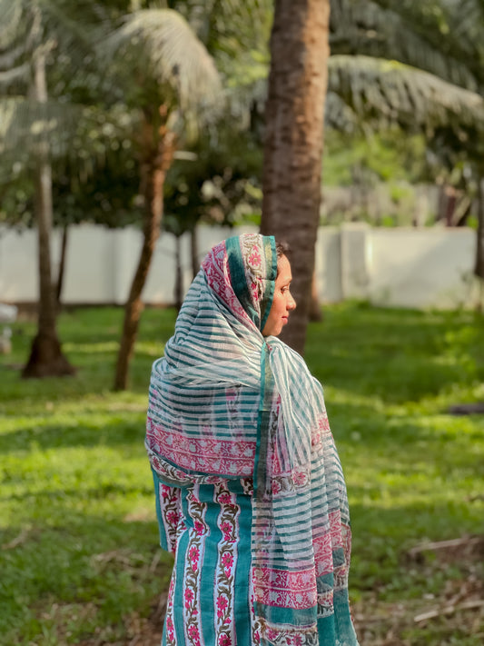 Handblock Printed Kurti set with Mul Cotton Dupatta