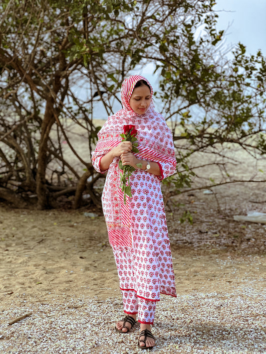 Hand Block Printed Kurti Set with Mul Cotton Dupatta