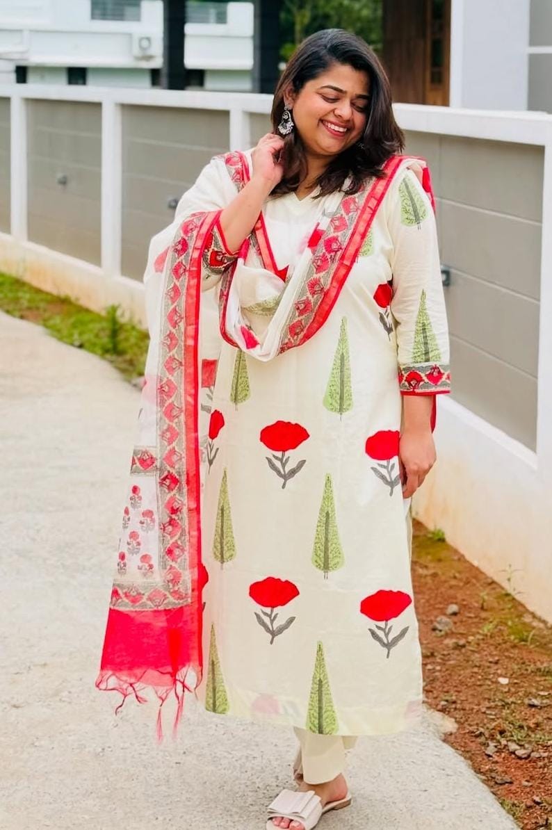 Handblock Kurti Set with Chanderi Silk Dupatta