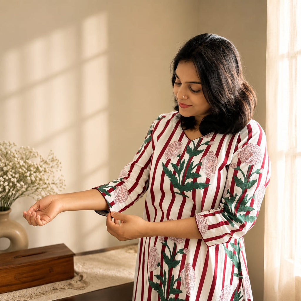 ചന്ദേരി സിൽക്ക് ദുപ്പട്ടയുള്ള ഹാൻഡ്ബ്ലോക്ക് കുർത്തി സെറ്റ്
