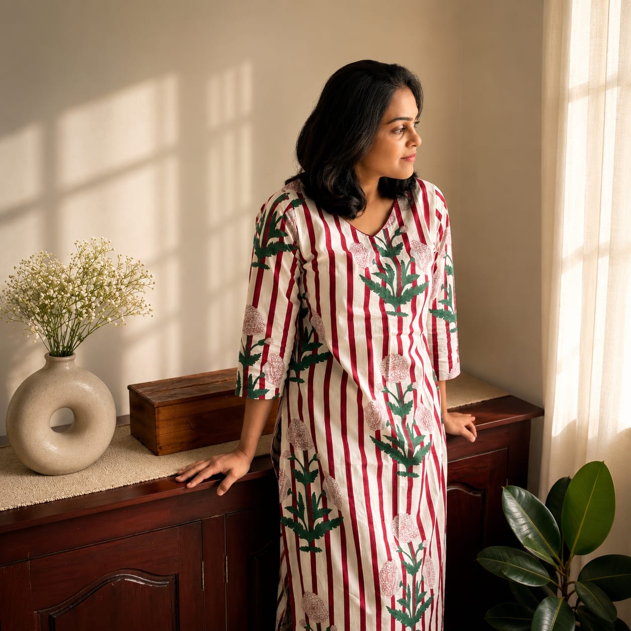 ചന്ദേരി സിൽക്ക് ദുപ്പട്ടയുള്ള ഹാൻഡ്ബ്ലോക്ക് കുർത്തി സെറ്റ്
