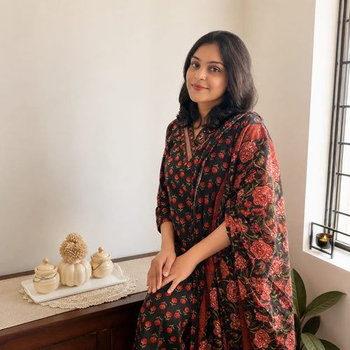 ചന്ദേരി സിൽക്ക് ദുപ്പട്ടയുള്ള ഹാൻഡ്ബ്ലോക്ക് കുർത്തി സെറ്റ്