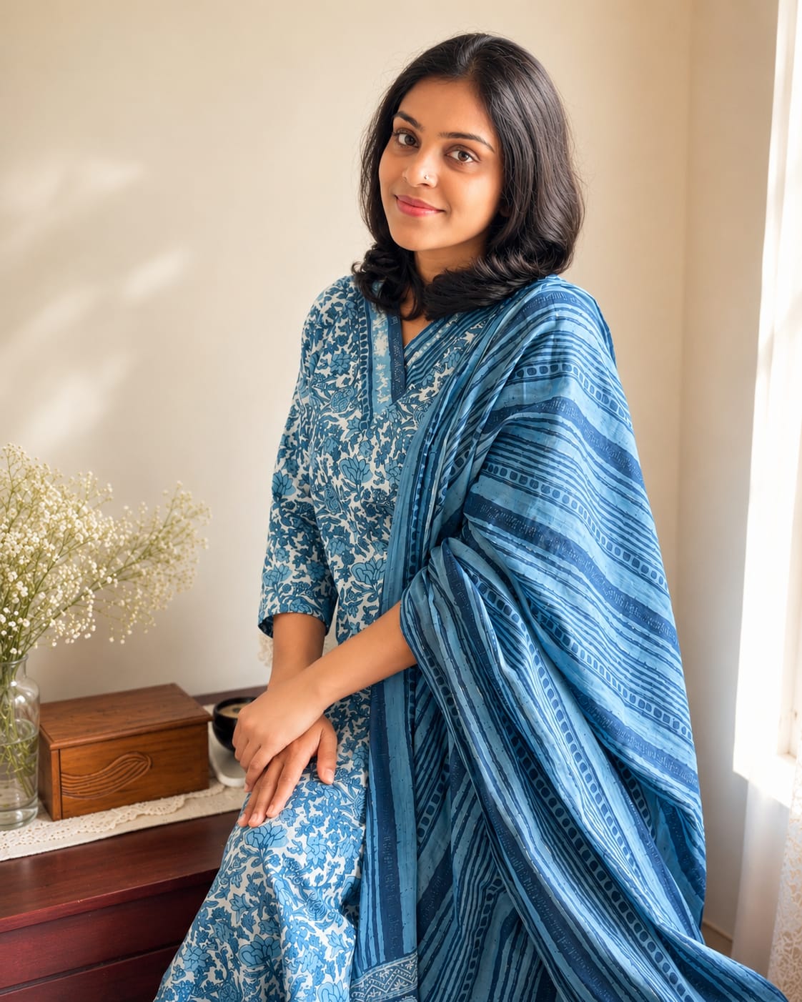 ചന്ദേരി സിൽക്ക് ദുപ്പട്ടയുള്ള ഹാൻഡ്ബ്ലോക്ക് കുർത്തി സെറ്റ്