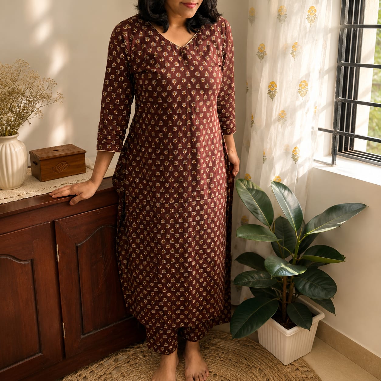 ചന്ദേരി സിൽക്ക് ദുപ്പട്ടയുള്ള ഹാൻഡ്ബ്ലോക്ക് കുർത്തി സെറ്റ്